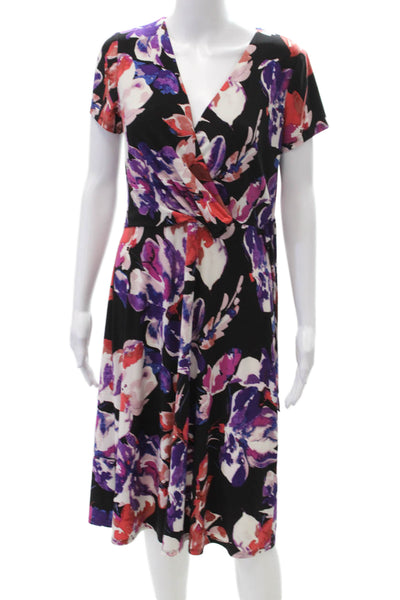 Lauren Ralph Lauren Womens Floral V-neck Short Sleeve Dress Black Combo Size 2