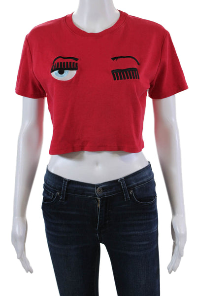 CHIARA FERRAGNI Womens Crew Neck Winking Cropped Tee Shirt Red Cotton Size Large