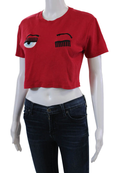 CHIARA FERRAGNI Womens Crew Neck Winking Cropped Tee Shirt Red Cotton Size Large