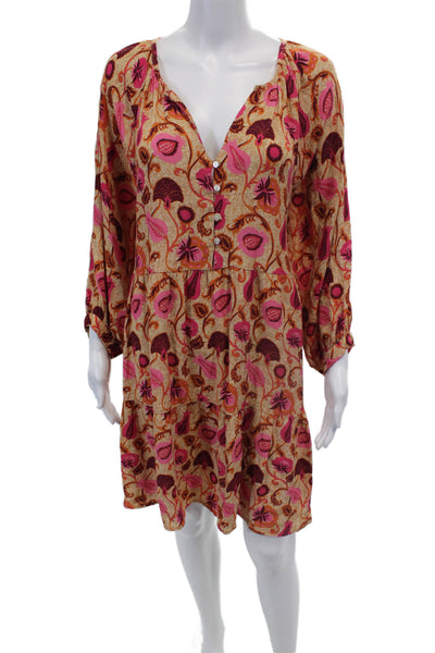 An'ge Womens Scoop Neck Floral Button Front Long Sleeve Dress Brown Size L