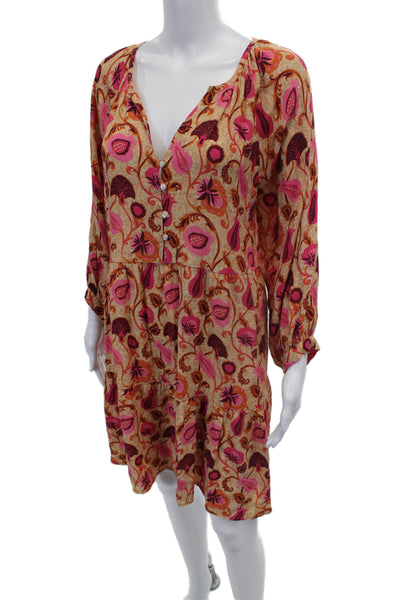 An'ge Womens Scoop Neck Floral Button Front Long Sleeve Dress Brown Size L