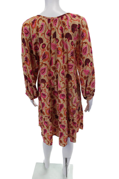 An'ge Womens Scoop Neck Floral Button Front Long Sleeve Dress Brown Size L