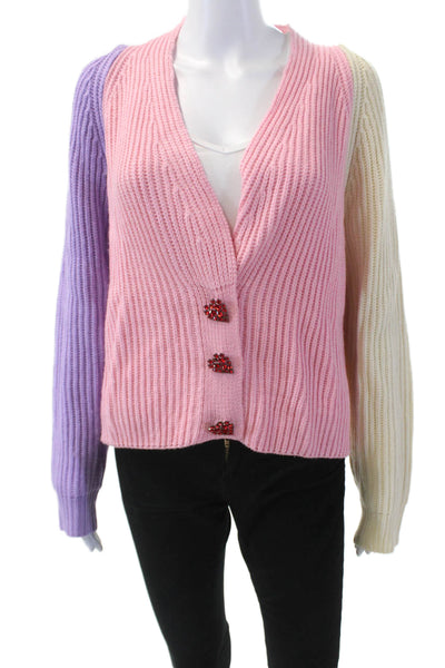 Olivia Rubin Womens Color Block Crystal Heart Cardigan Sweater Pink White Large
