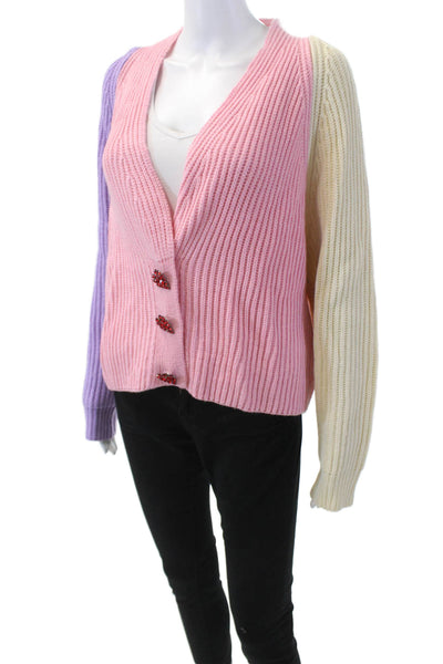 Olivia Rubin Womens Color Block Crystal Heart Cardigan Sweater Pink White Large