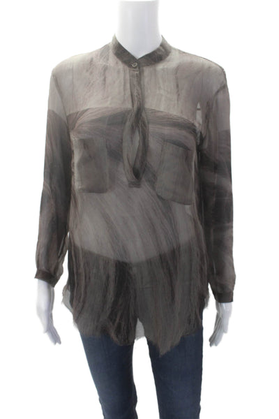 Raquel Allegra Womens V-neck Long Sleeve Printed Fray Bottom Blouse Brown Size X