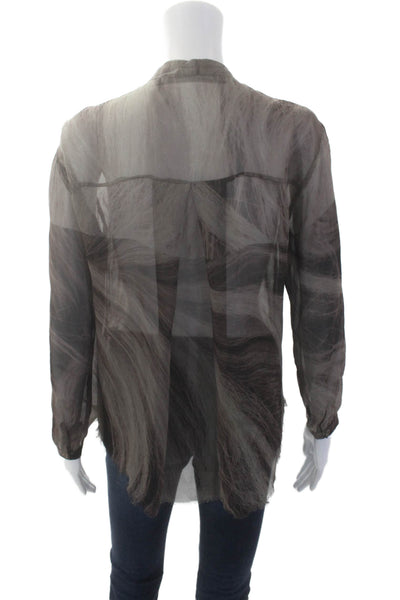 Raquel Allegra Womens V-neck Long Sleeve Printed Fray Bottom Blouse Brown Size X