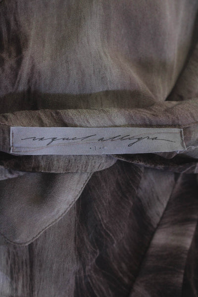 Raquel Allegra Womens V-neck Long Sleeve Printed Fray Bottom Blouse Brown Size X