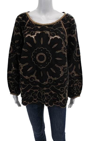 Rose And Rose Womens Floral Embroidered Long Sleeve Top Black Brown Size XS