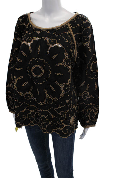 Rose And Rose Womens Floral Embroidered Long Sleeve Top Black Brown Size XS