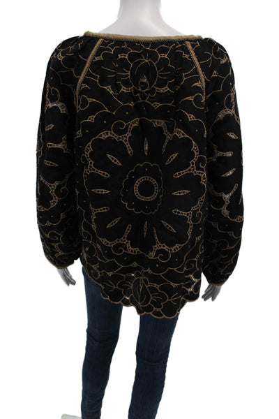 Rose And Rose Womens Floral Embroidered Long Sleeve Top Black Brown Size XS