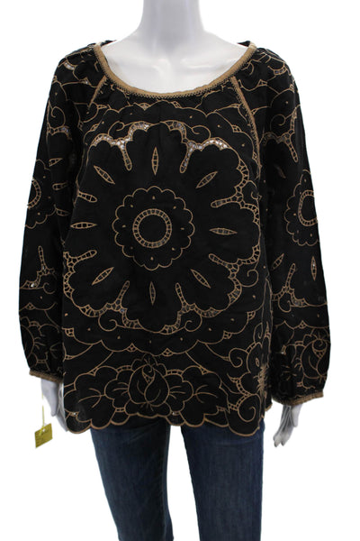 Rose And Rose Womens Cotton Floral Embroidered Long Sleeve Blouse Black Size S
