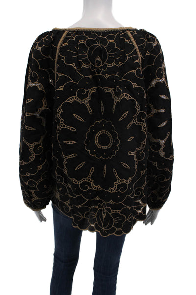Rose And Rose Womens Cotton Floral Embroidered Long Sleeve Blouse Black Size S