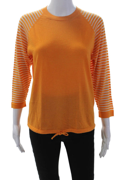 Designer Womens 3/4 Sleeve Metallic Knit Striped Crew Neck Top Orange Size Small