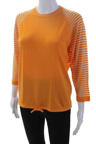 Designer Womens 3/4 Sleeve Metallic Knit Striped Crew Neck Top Orange Size Small