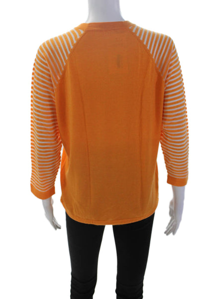 Designer Womens 3/4 Sleeve Metallic Knit Striped Crew Neck Top Orange Size Small