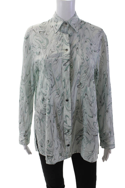 LHD Womens Button Front Collared Long Sleeve Wavy Shirt Blue Cotton Size XS