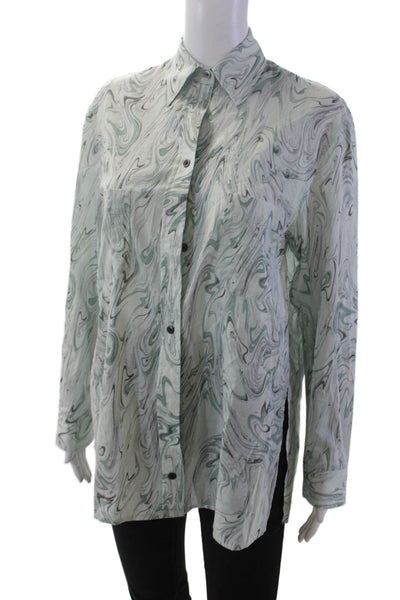 LHD Womens Button Front Collared Long Sleeve Wavy Shirt Blue Cotton Size XS