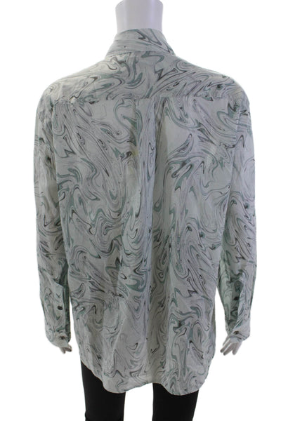 LHD Womens Button Front Collared Long Sleeve Wavy Shirt Blue Cotton Size XS