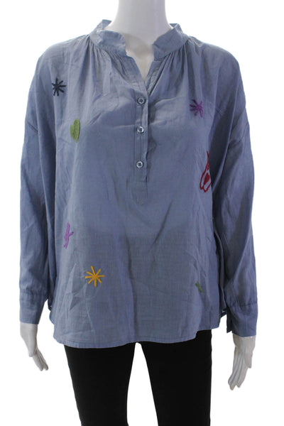 Johanna Paris Womens Long Sleeve Stitched Print Top Blue Cotton One Size