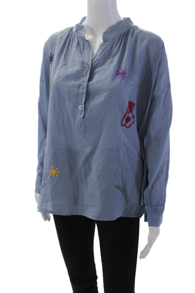 Johanna Paris Womens Long Sleeve Stitched Print Top Blue Cotton One Size