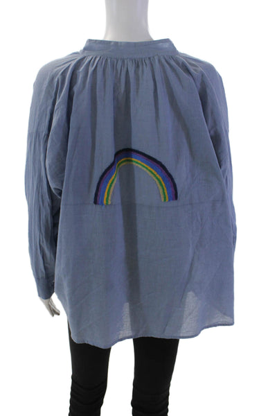 Johanna Paris Womens Long Sleeve Stitched Print Top Blue Cotton One Size