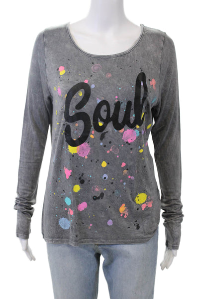 Soul Cycle Womens Long Sleeve Splatter Logo Tee Shirt Gray Multi Size Medium