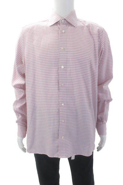 Eton Mens Button Front Long Sleeve Collared Plaid Shirt White Pink Size 17.5