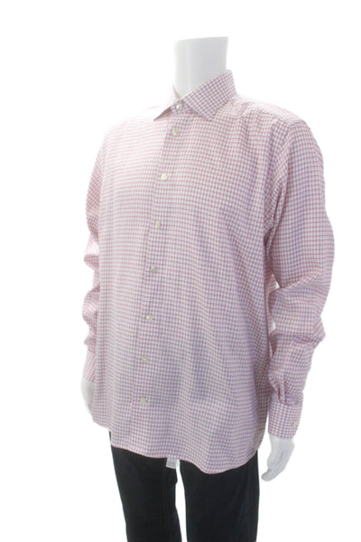 Eton Mens Button Front Long Sleeve Collared Plaid Shirt White Pink Size 17.5