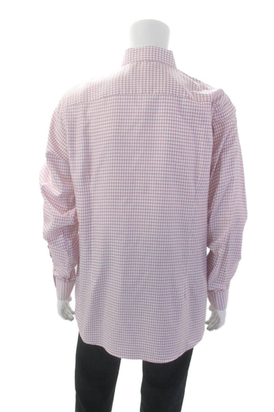 Eton Mens Button Front Long Sleeve Collared Plaid Shirt White Pink Size 17.5