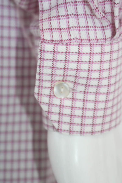 Eton Mens Button Front Long Sleeve Collared Plaid Shirt White Pink Size 17.5