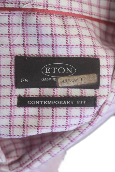 Eton Mens Button Front Long Sleeve Collared Plaid Shirt White Pink Size 17.5