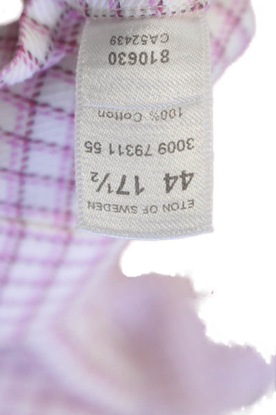 Eton Mens Button Front Long Sleeve Collared Plaid Shirt White Pink Size 17.5