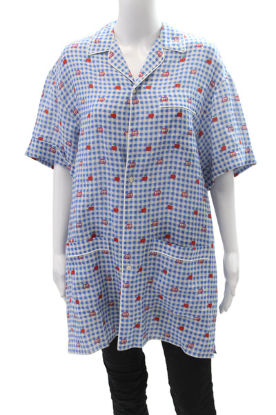 Gucci Womens Linen Short Sleeve Gingham Monogram Sleepwear Dress Blue Size 48