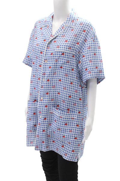 Gucci Womens Linen Short Sleeve Gingham Monogram Sleepwear Dress Blue Size 48