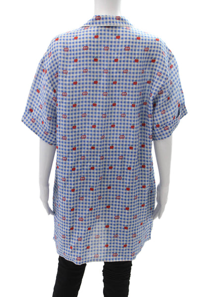 Gucci Womens Linen Short Sleeve Gingham Monogram Sleepwear Dress Blue Size 48