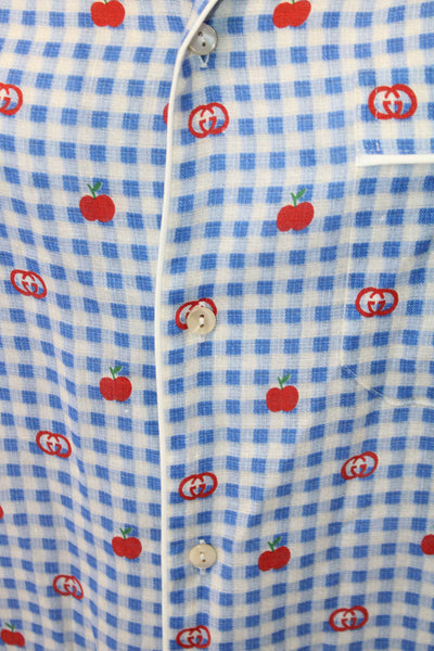 Gucci Womens Linen Short Sleeve Gingham Monogram Sleepwear Dress Blue Size 48