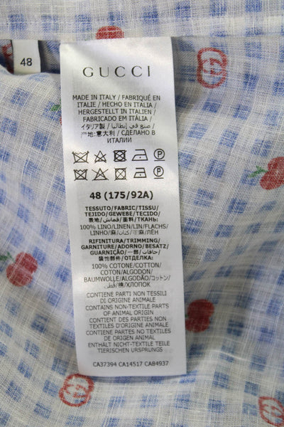 Gucci Womens Linen Short Sleeve Gingham Monogram Sleepwear Dress Blue Size 48