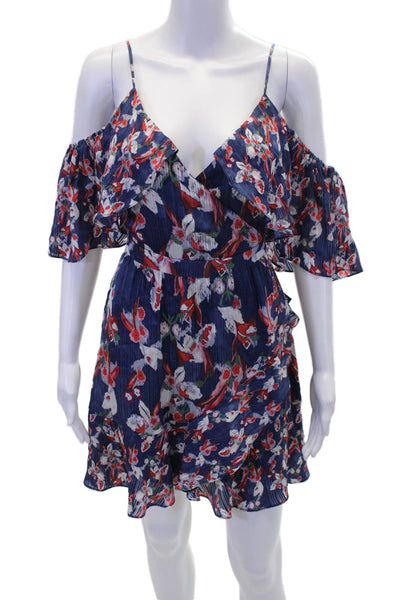 Tanya Taylor Womens Floral V-Neck Cold Shoulder Short Sleeve Dress Blue Size 4