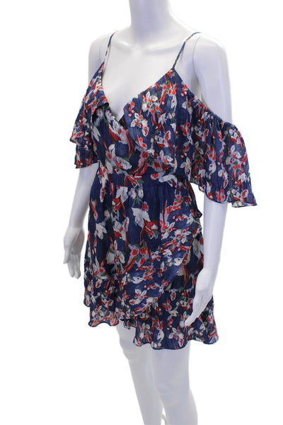 Tanya Taylor Womens Floral V-Neck Cold Shoulder Short Sleeve Dress Blue Size 4