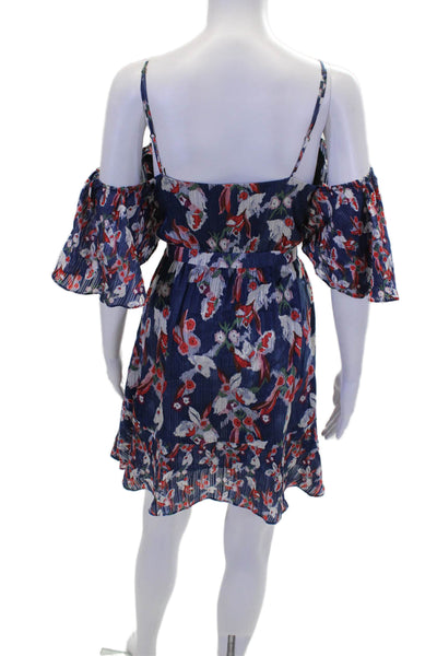 Tanya Taylor Womens Floral V-Neck Cold Shoulder Short Sleeve Dress Blue Size 4