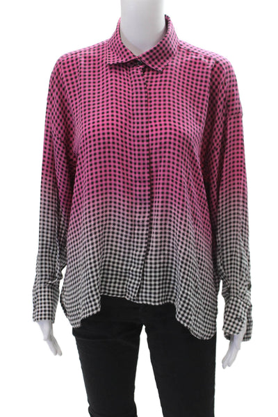 Mii Womens Button Front Collared Gingham Ombre Silk Shirt Pink Black Size XS