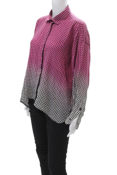 Mii Womens Button Front Collared Gingham Ombre Silk Shirt Pink Black Size XS