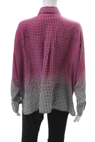 Mii Womens Button Front Collared Gingham Ombre Silk Shirt Pink Black Size XS