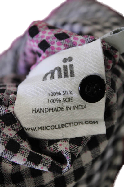 Mii Womens Button Front Collared Gingham Ombre Silk Shirt Pink Black Size XS