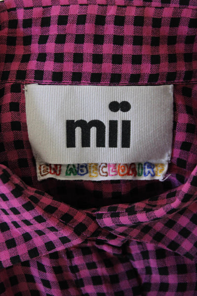 Mii Womens Button Front Collared Gingham Ombre Silk Shirt Pink Black Size XS