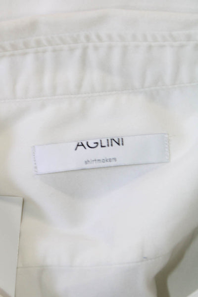 Aglini Mens Button Front Long Sleeve Collared Dress Shirt White Cotton Size 44