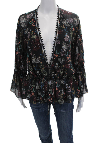Nicholas Womens Silk Floral Print V-Neck Long Sleeve Blouse Black Size 4