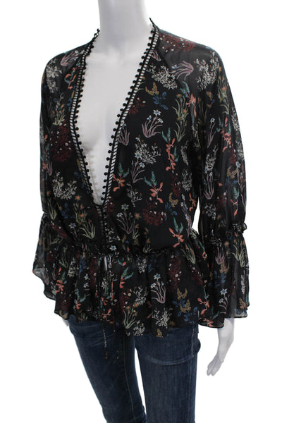 Nicholas Womens Silk Floral Print V-Neck Long Sleeve Blouse Black Size 4