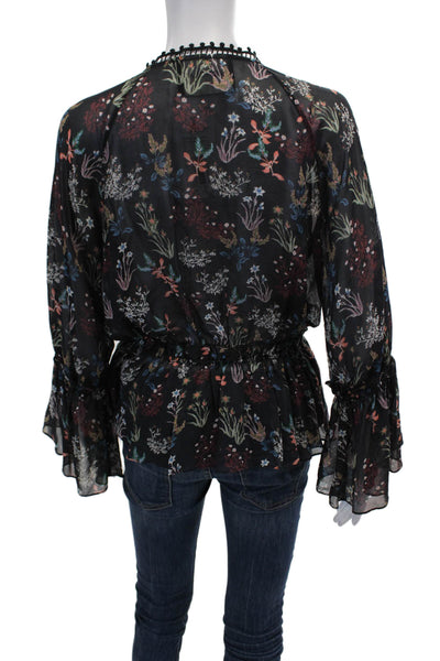 Nicholas Womens Silk Floral Print V-Neck Long Sleeve Blouse Black Size 4