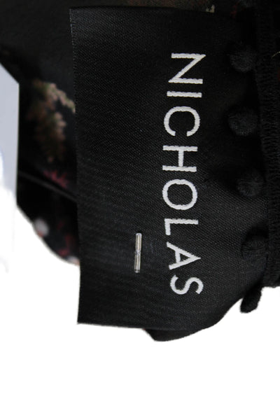 Nicholas Womens Silk Floral Print V-Neck Long Sleeve Blouse Black Size 4